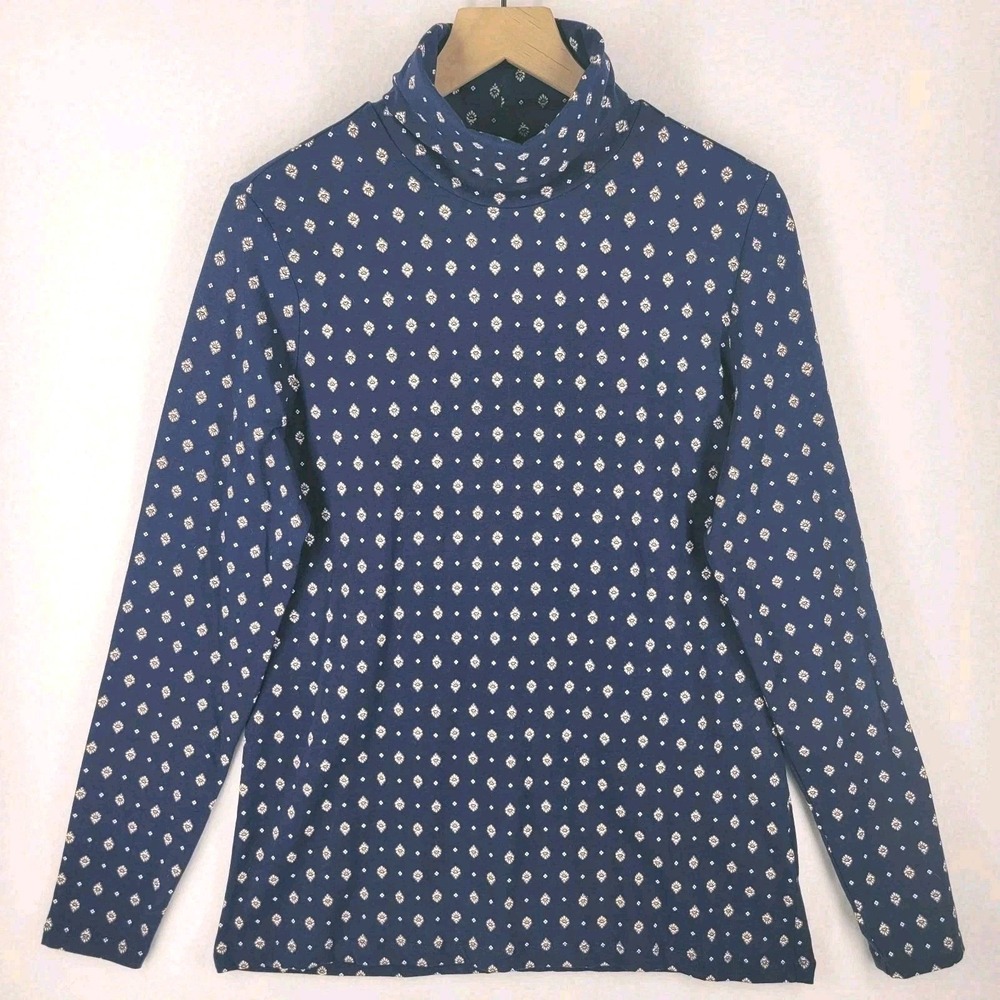 Lands' End Fitted Turtleneck Womens L Tall Navy Micro Print Cotton Modal Stretch